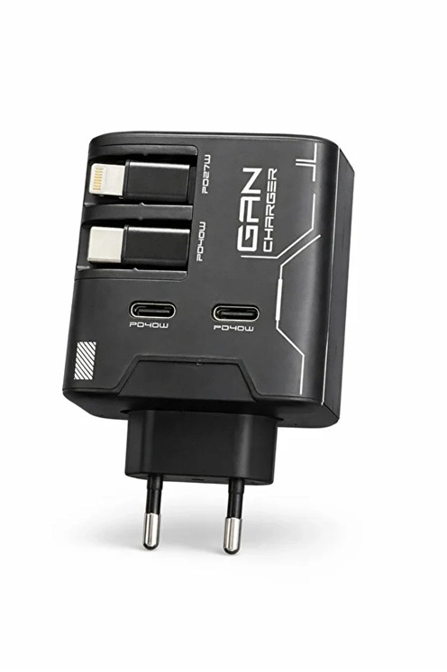Evimdeyokyok Gan+ Pd 40W Hızlı Şarj Adaptörü Çoklu Çıkış Usb-C Lightning Kablolu Hızlı Şarj Cihazı Ev Ofis Uyumlu Siyah