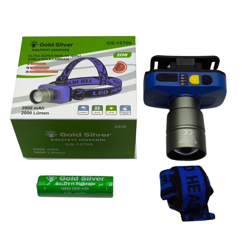 Evimdeyokyok Gold Silver Gs-15700 20W 2000 Lümen Sarı Beyaz Işık Zoomlu Şarj Edilebilir Kafa Feneri