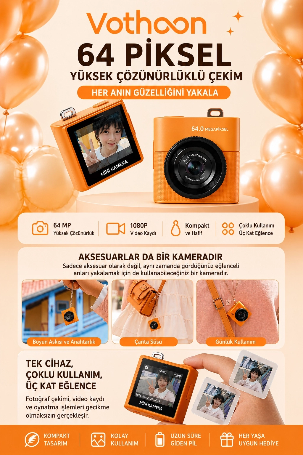 Evimdeyokyok Mini Dijital Kamera 64Mp 16X Digital Zoom Retro Vintage 1.4’’Ekranlı Video Kamera Taşınabilir Tasarı