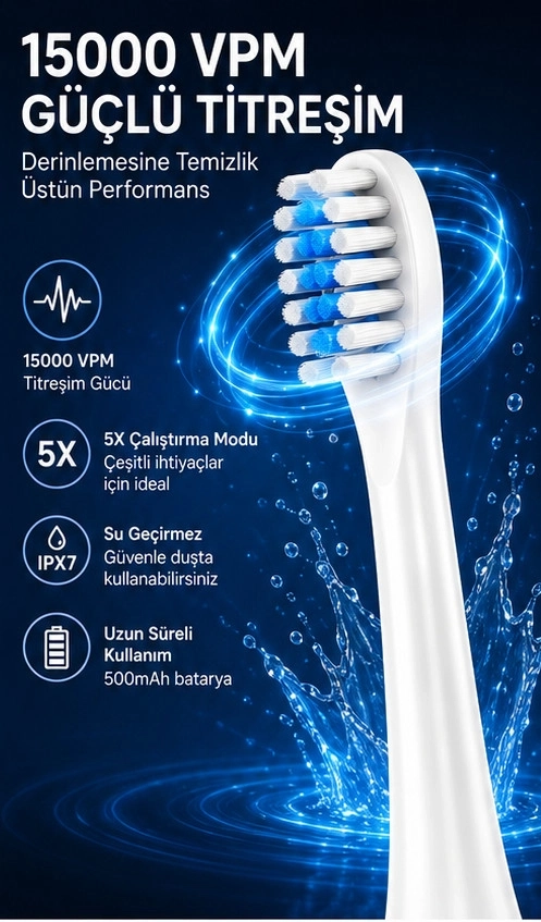 Evimdeyokyok Şarjlı Diş Fırçası 15000 Vpm Titreşim Gücü, 500Mah Batarya, 5 Temizlik Modu Beyaz