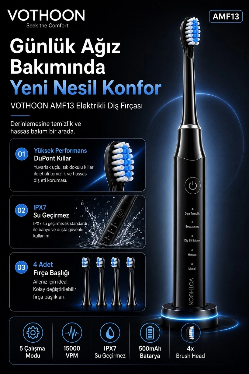 Evimdeyokyok Şarjlı Diş Fırçası 15000 Vpm Titreşim Gücü, 500Mah Batarya, 5 Temizlik Modu Siyah