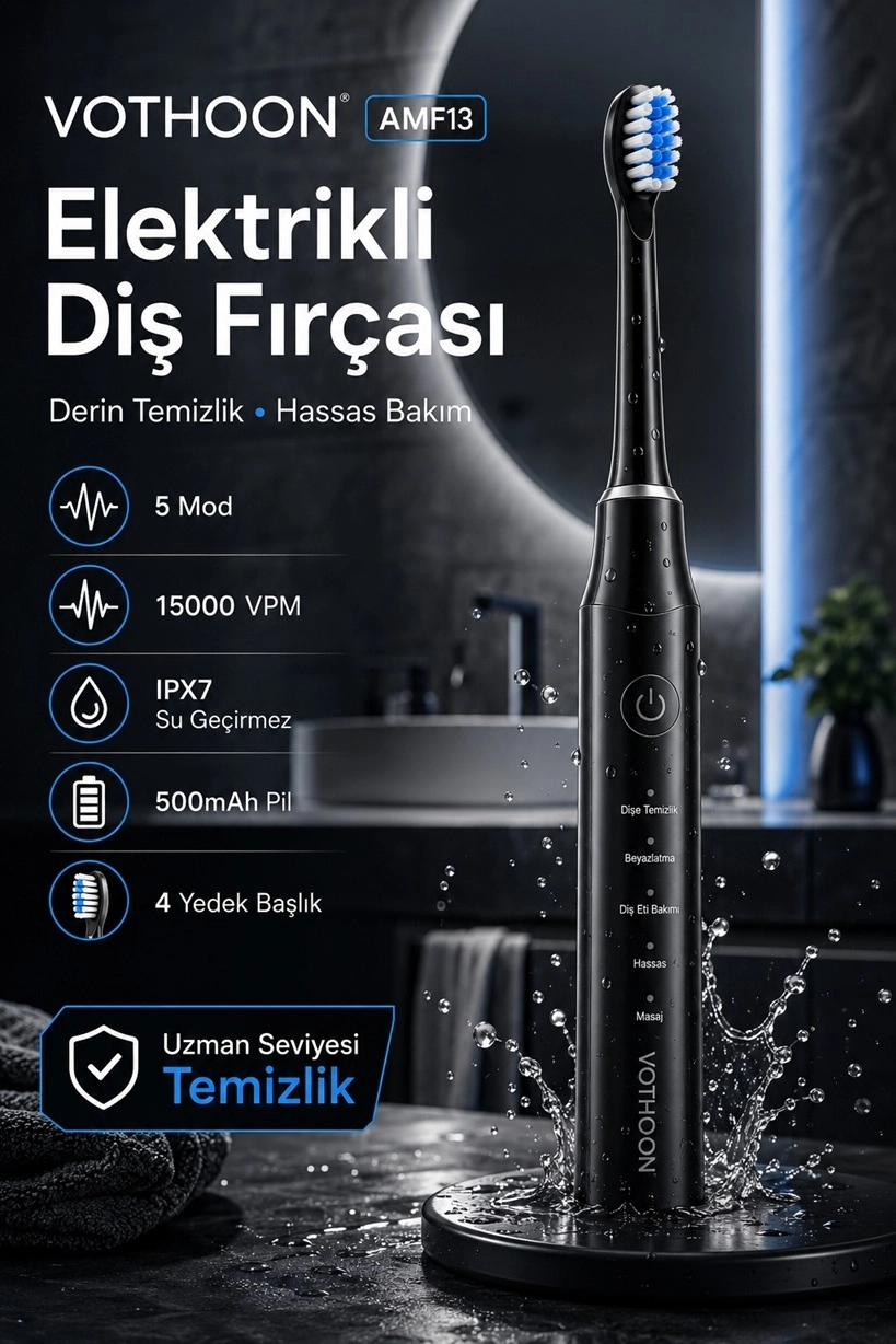 Evimdeyokyok Şarjlı Diş Fırçası 15000 Vpm Titreşim Gücü, 500Mah Batarya, 5 Temizlik Modu Siyah