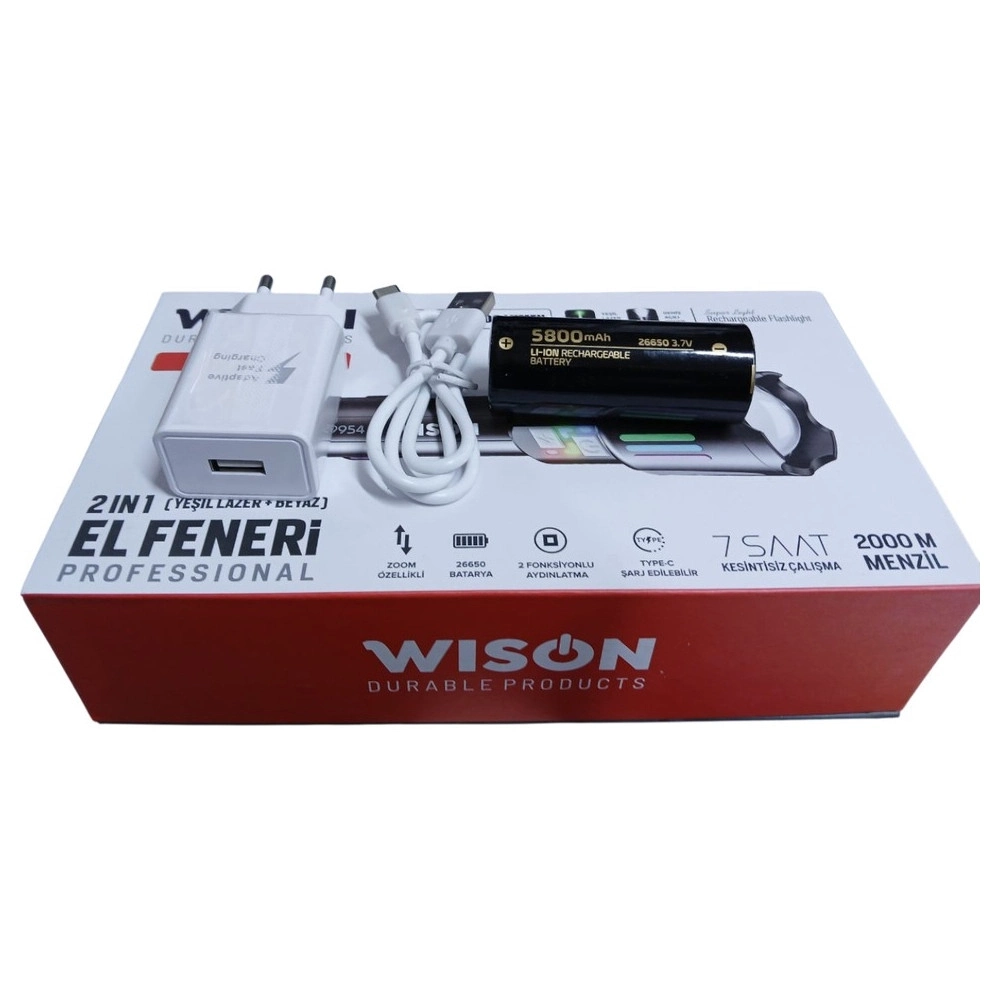 Evimdeyokyok Wison Ws-9954 25W Zoomlu Yeşil Lazerli Metal Şarjlı El Feneri
