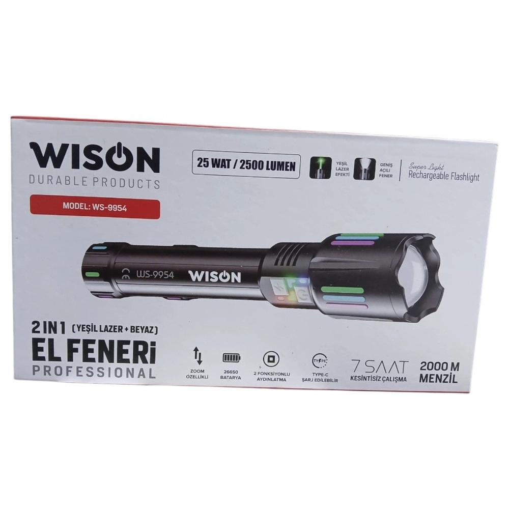 Evimdeyokyok Wison Ws-9954 25W Zoomlu Yeşil Lazerli Metal Şarjlı El Feneri