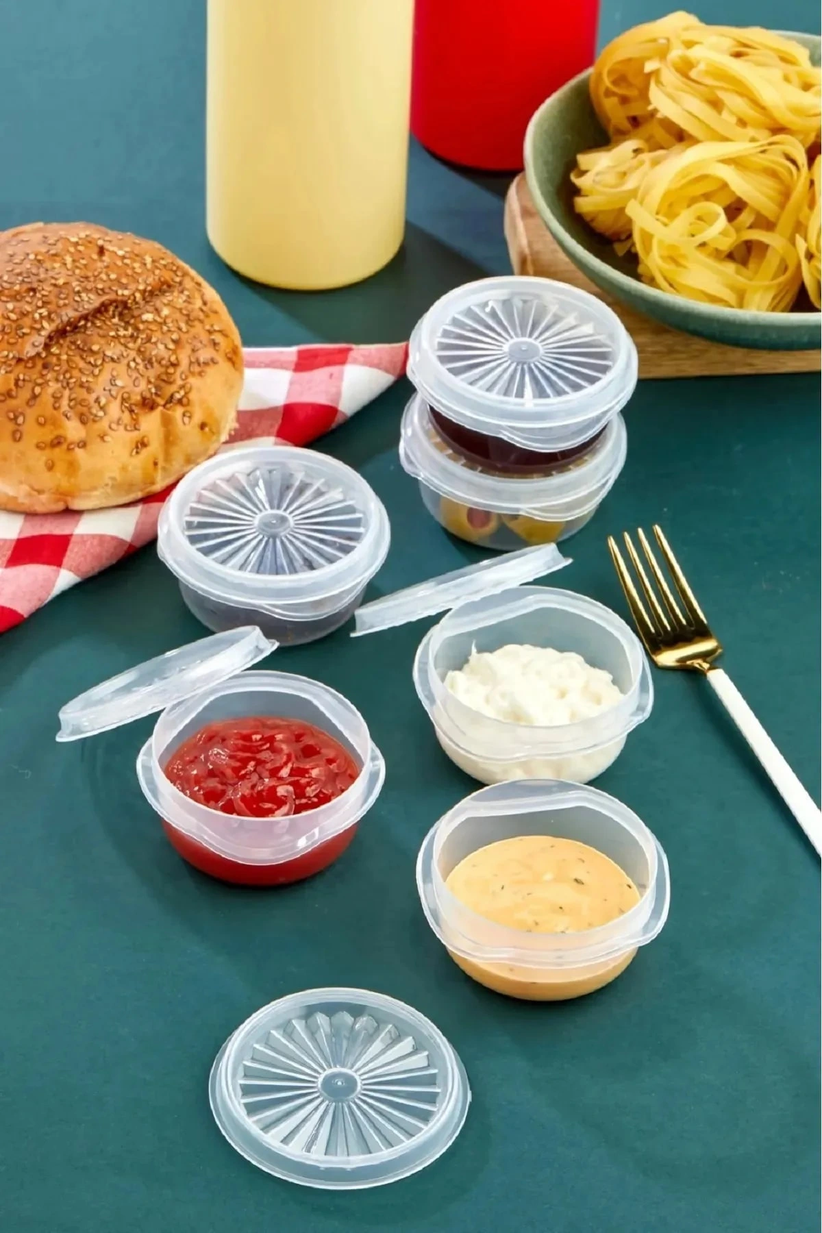 6 Lı Yelpaze Kapaklı Şeffaf Mini Sosluk- Ketçap Mayonez Kabı- Kahve Yanı Şeker Lokumluk
