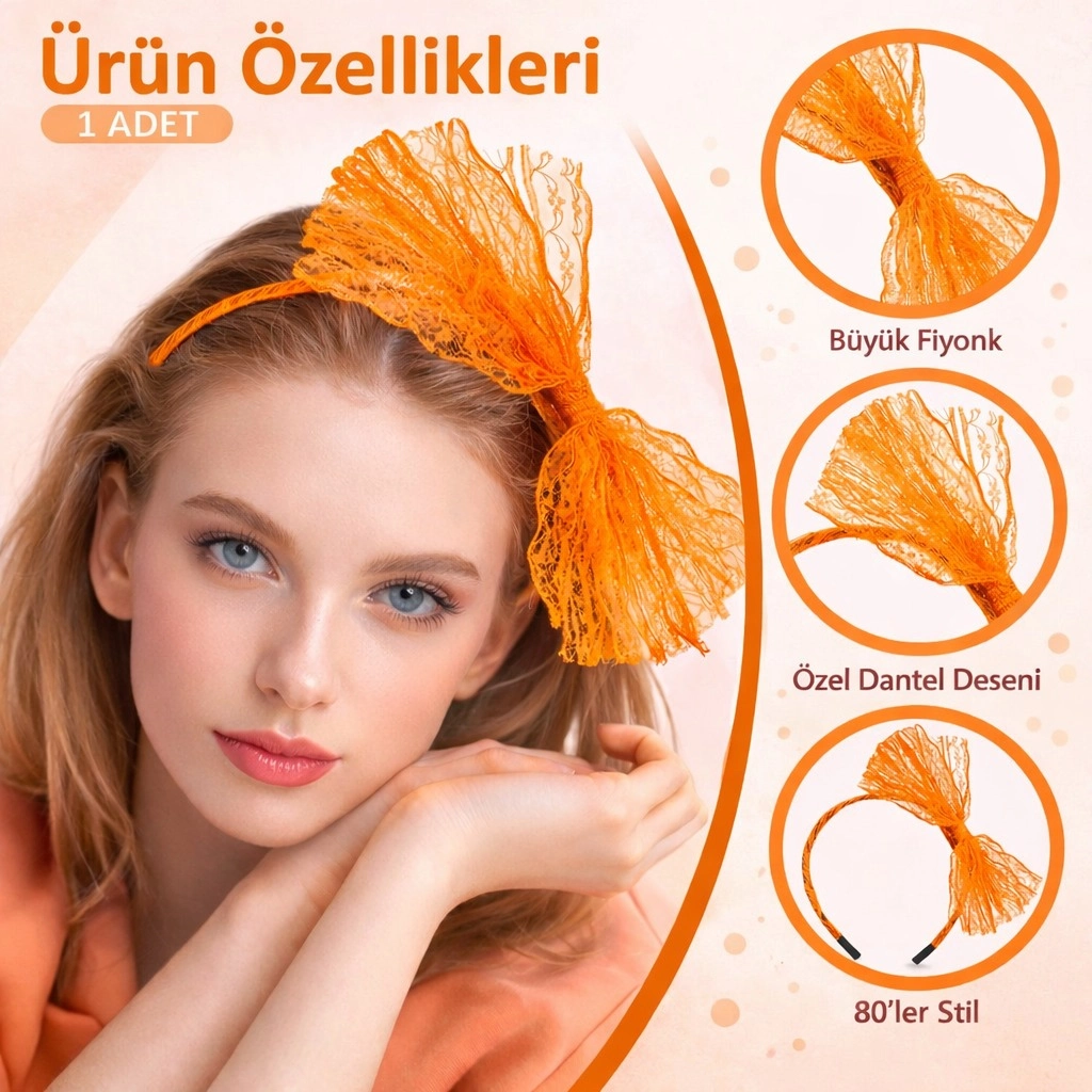 80’Ler 90’Lar Neon Turuncu Dantel Taç Fiyonklu