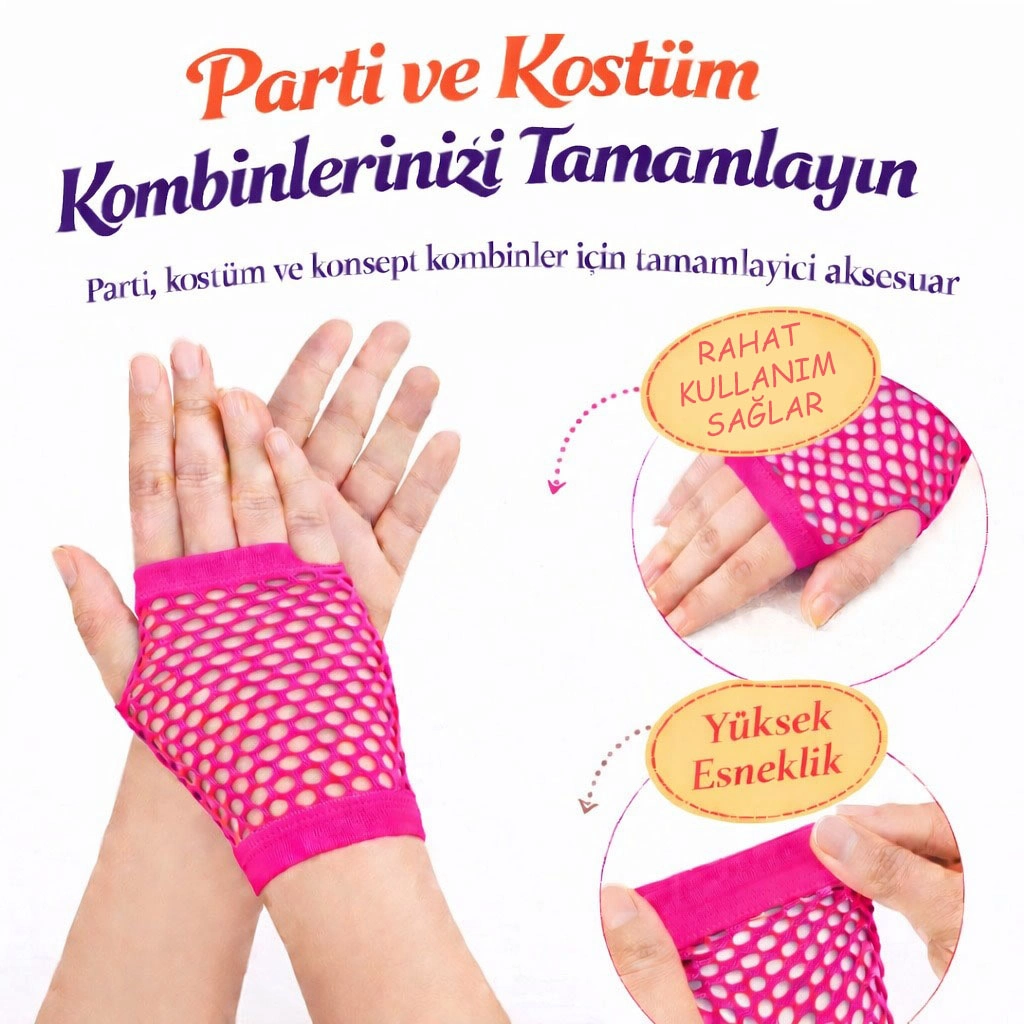 80’Ler 90’Lar Retro Neon Fuşya Şeker Pembesi File Parmaksız Kısa Eldiven 11 Cm