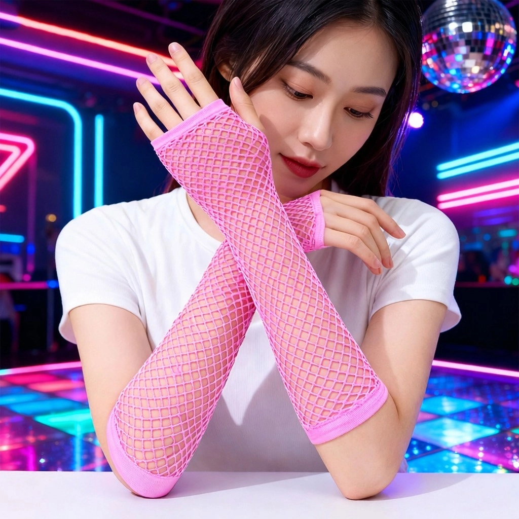 80’Ler 90’Lar Retro Neon Pembe File Parmaksız Eldiven 26 Cm