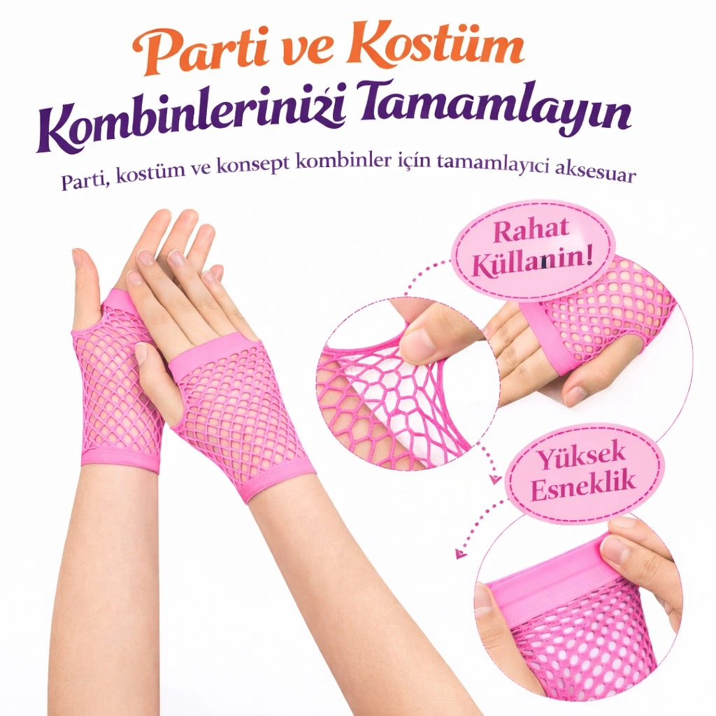 80’Ler 90’Lar Retro Neon Pembe File Parmaksız Kısa Eldiven 11 Cm