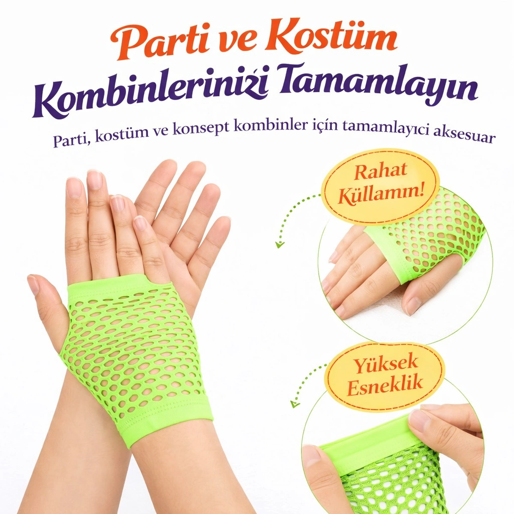 80’Ler 90’Lar Retro Neon Yeşil File Parmaksız Kısa Eldiven 11 Cm