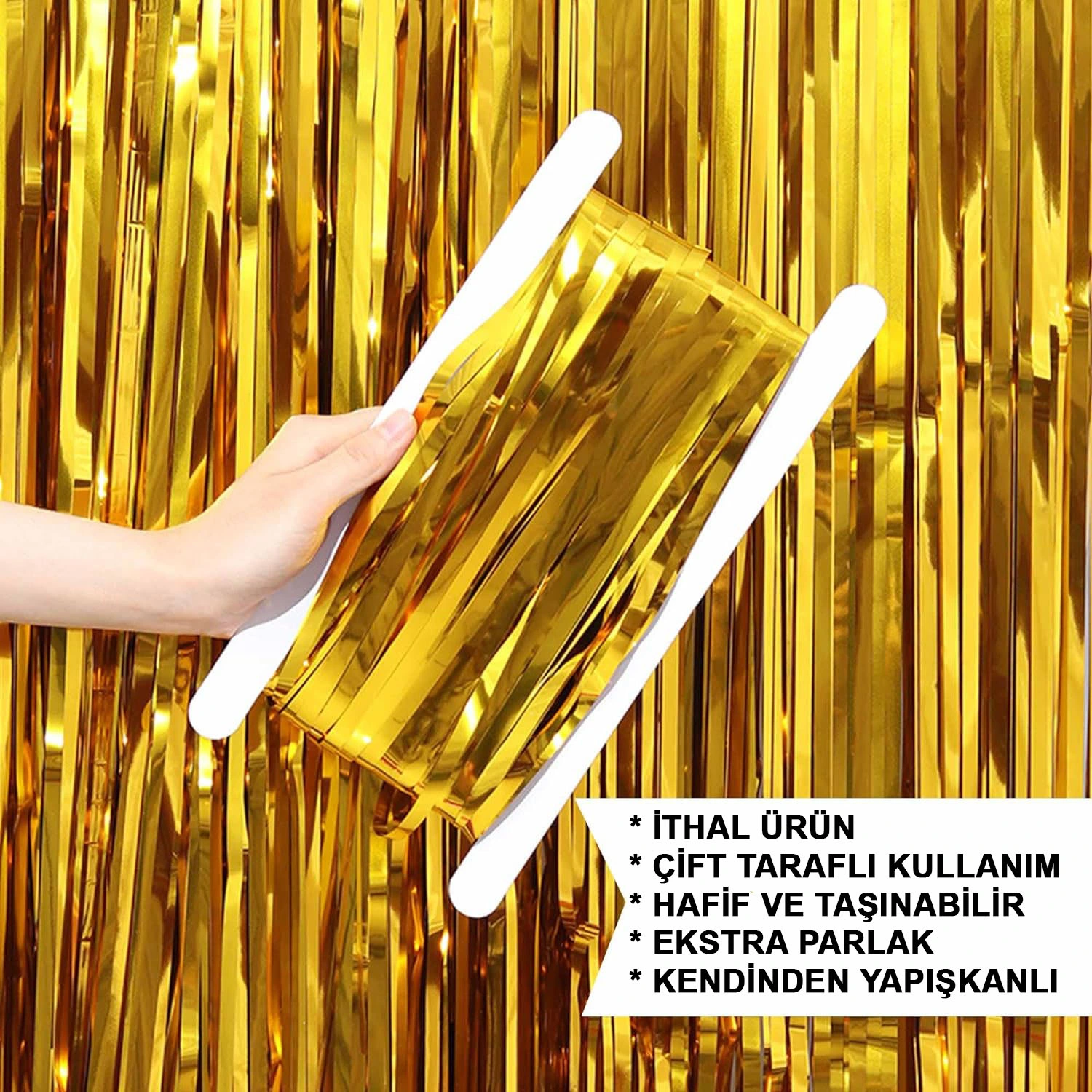 Altın Gold Renk Ekstra Metalize Parlak Saçaklı Arka Fon Perde İthal A Kalite 1X2 Metre