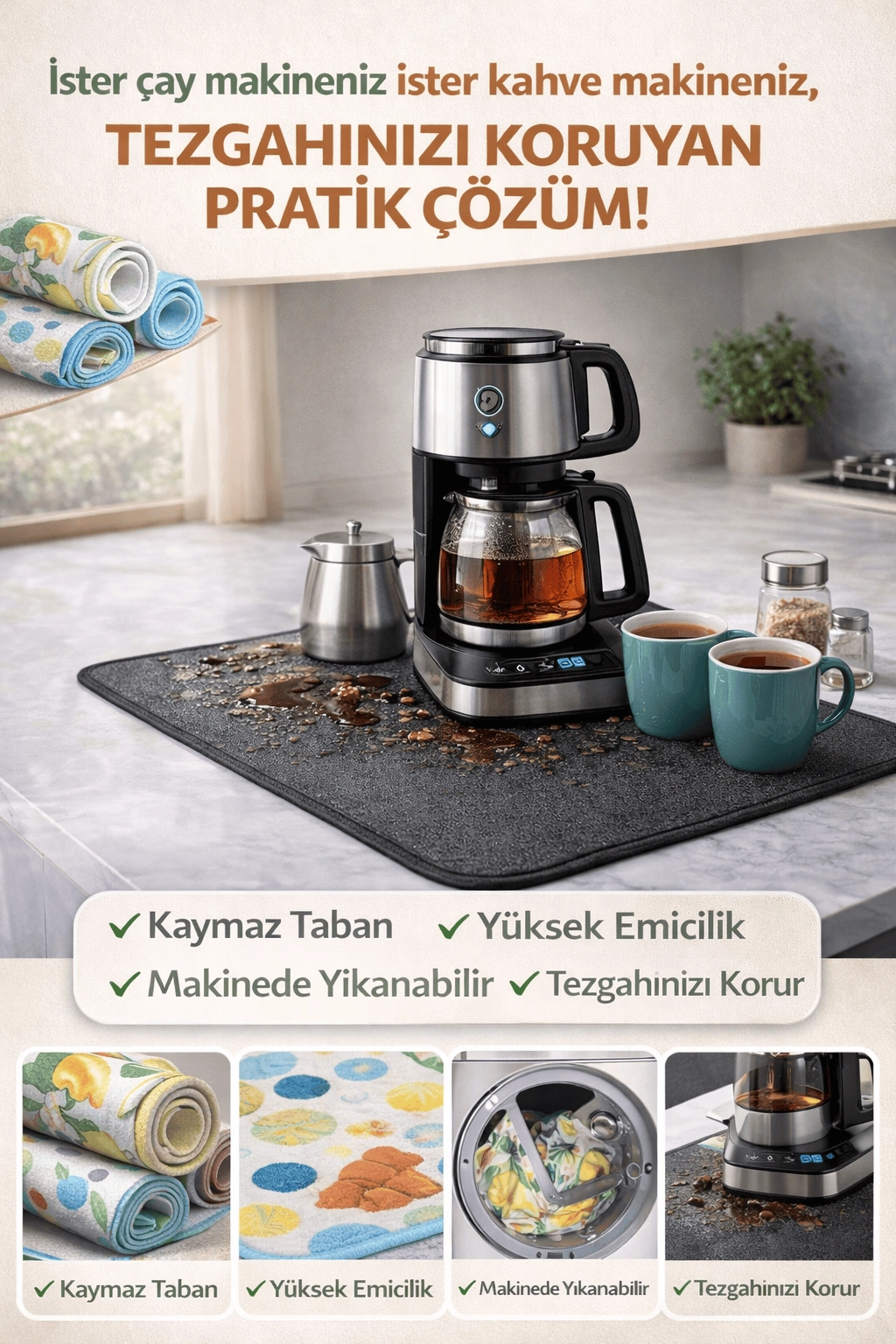 Çay Matı Çay Makinesi % 100 Mikrofiber Altlığı Su Emici Tezgah Koruyucu Kurulama Matı