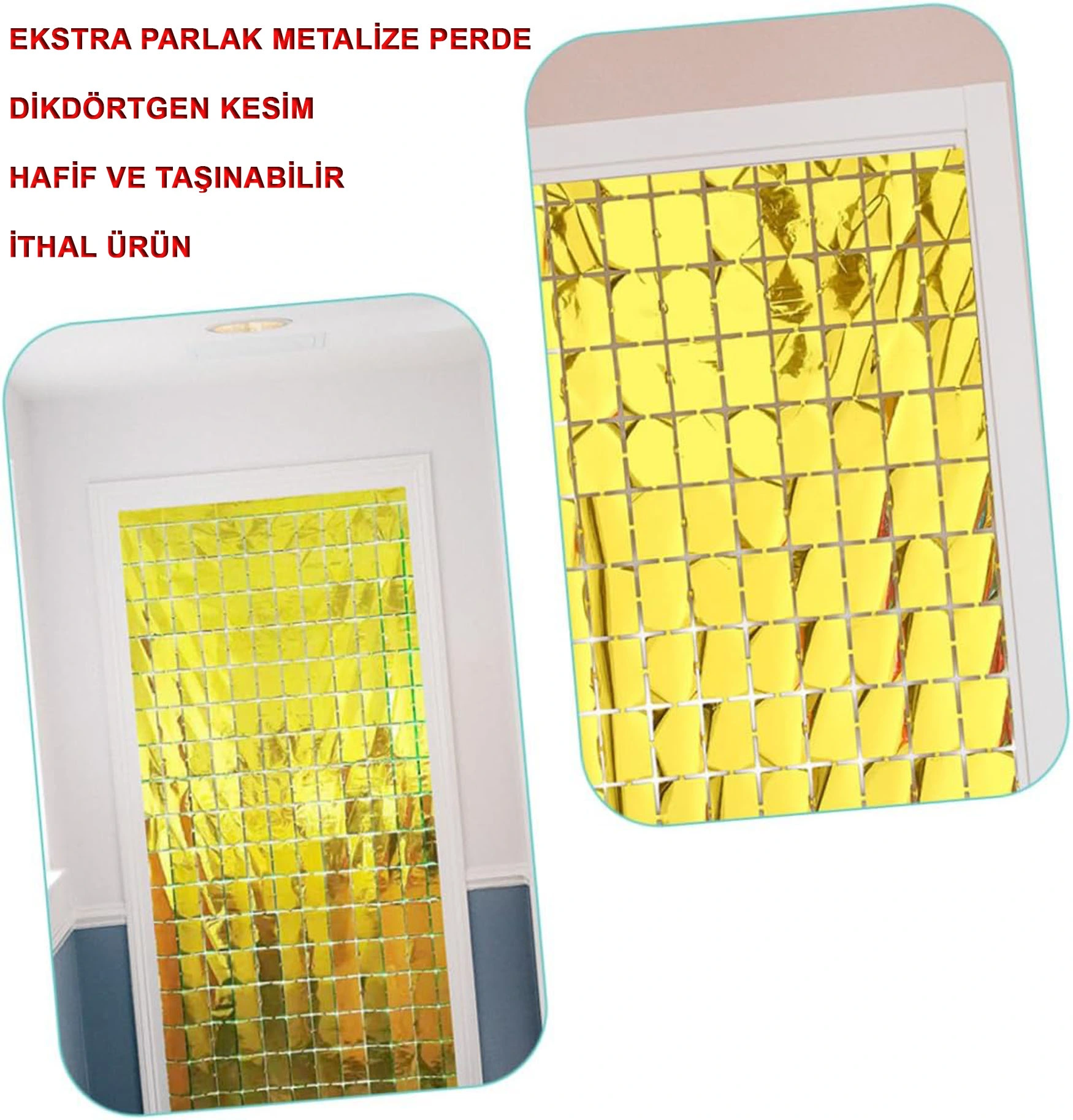 Ekstra Metalize Altın Renk Disko Dikdörtgen Kesim Kapı Perdesi Dekorasyon 1X2 Metre