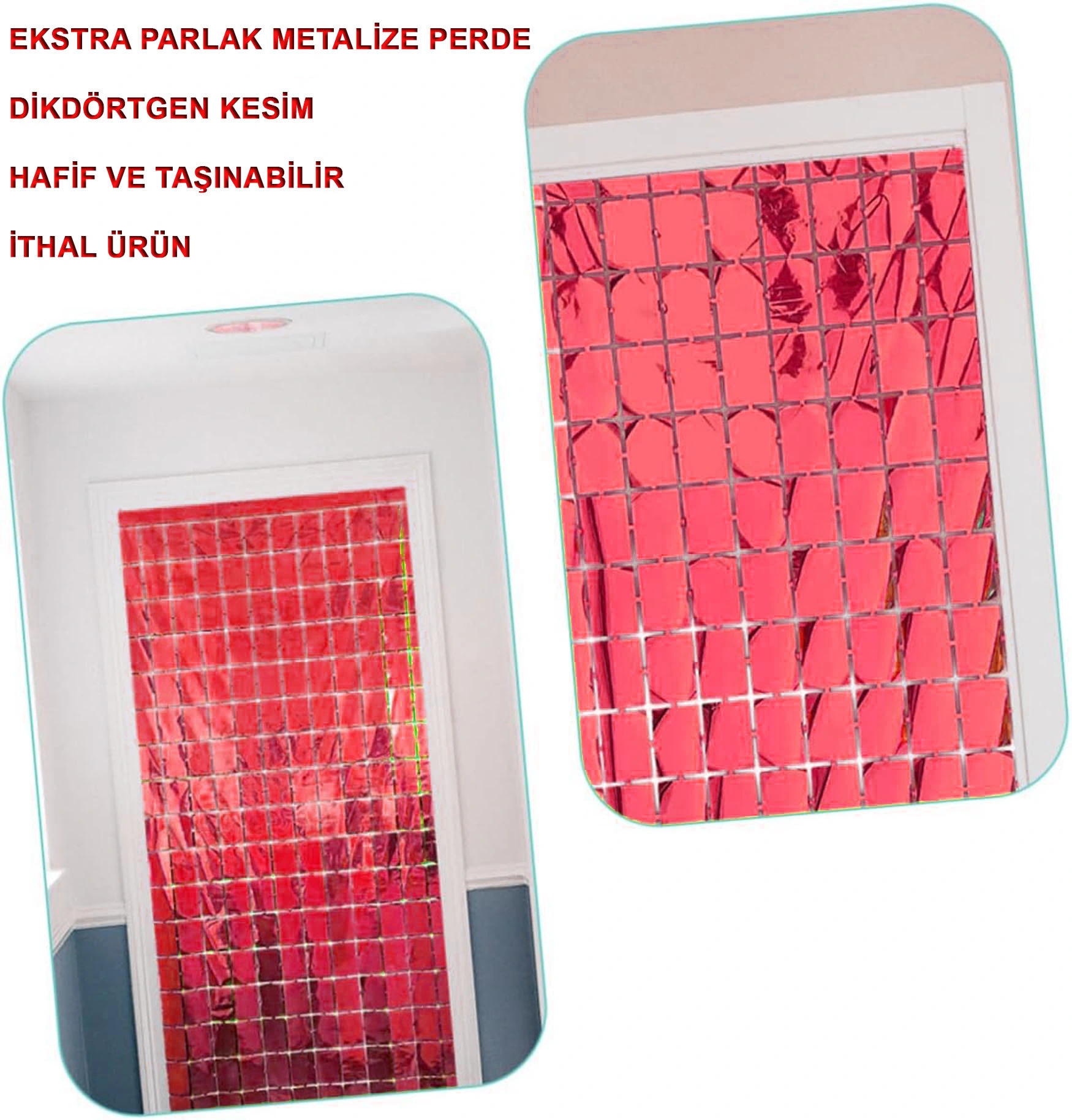 Ekstra Metalize Kırmızı Renk Disko Dikdörtgen Kesim Kapı Perdesi Dekorasyon 1X2 Metre