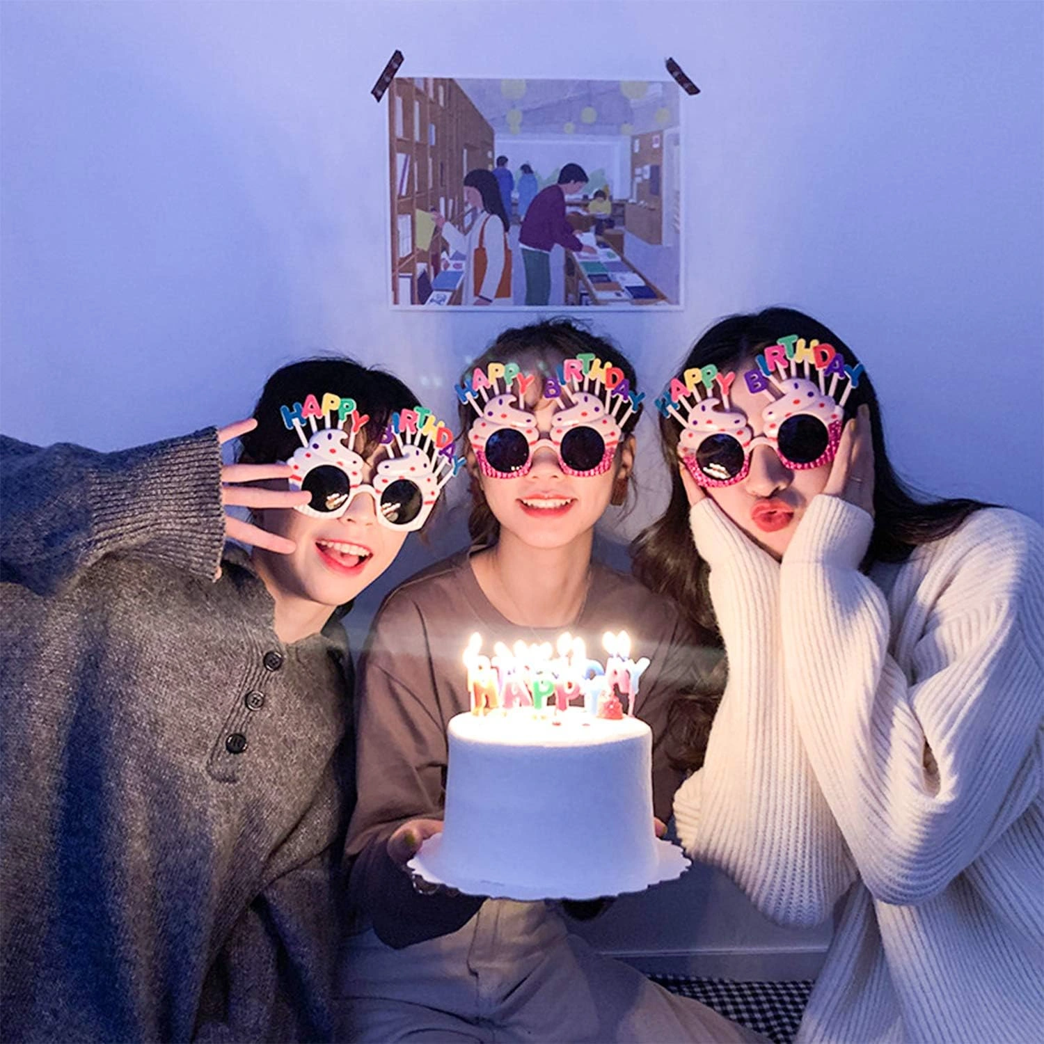 Happy Birthday Yazılı Pembe Fuşya Renk Pembe Pastalı Parti Gözlüğü 12X7 Cm