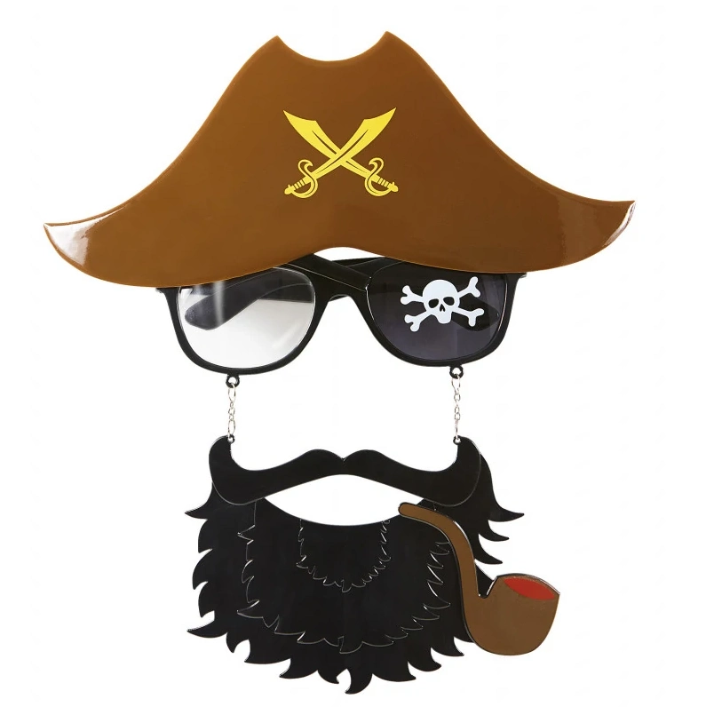 Kahve Renk Şapkalı Siyah Sakallı Pipolu Jack Sparrow Denizci Korsan Gözlüğü 24X25 Cm