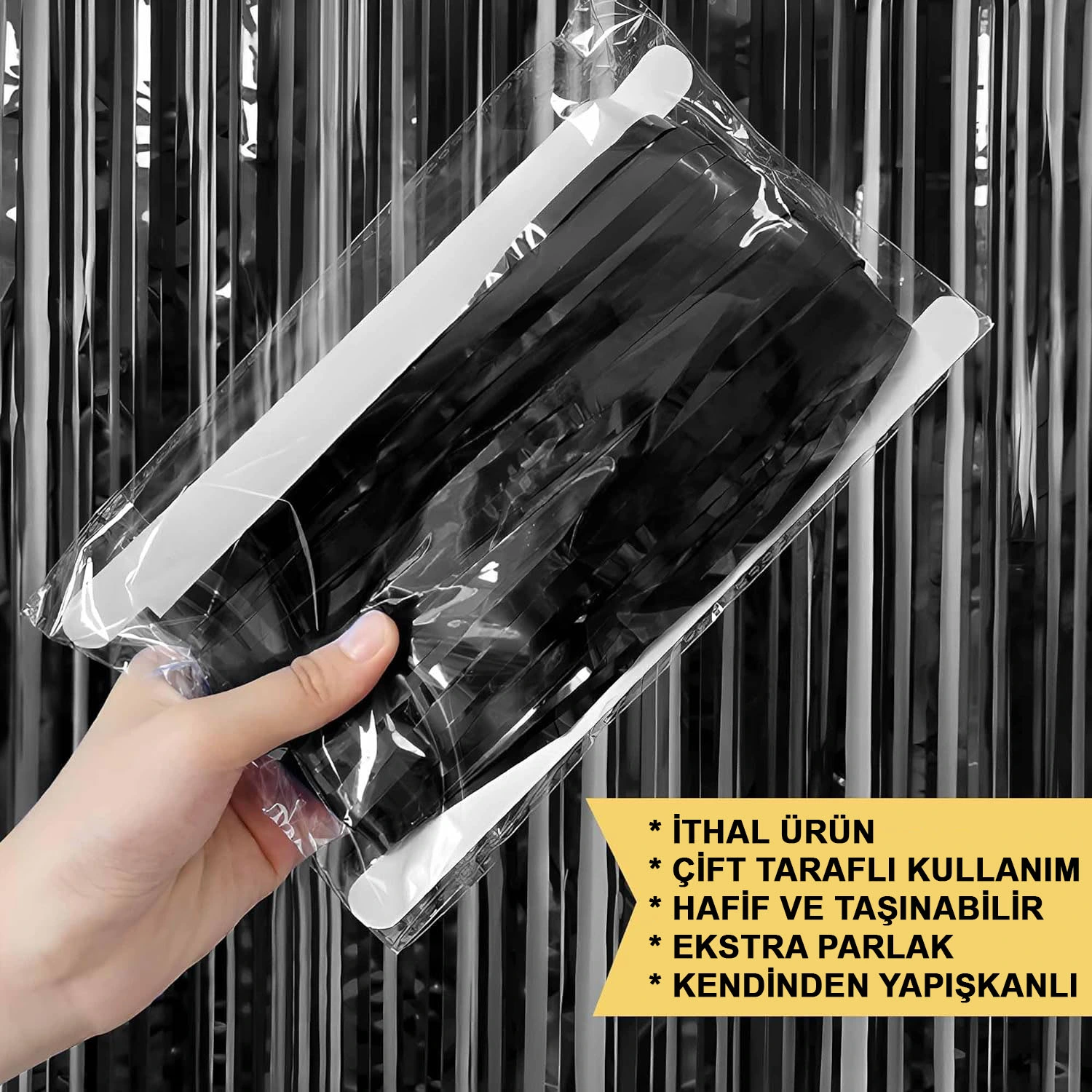 Siyah Renk Ekstra Metalize Parlak Saçaklı Arka Fon Perde İthal A Kalite 1X2 Metre