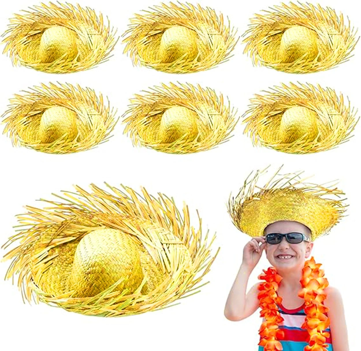 Tropikal Parti Sarı Hasır Hawaii Şapkası 13X36 Cm