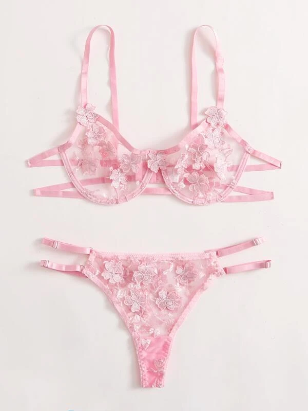 PinkStore Papatya Işlemeli̇ Si̇m Nakışlı Pembe Balenli̇ Sütyen Takım