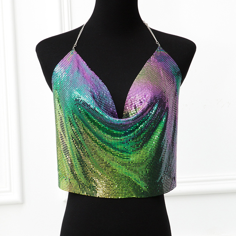 PinkStore Parlak Gökuşağı Crop & Bluz Kolsuz Kayık Yaka Zırh Büsti̇yer