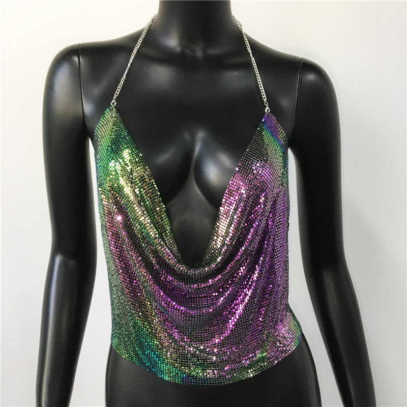 PinkStore Parlak Gökuşağı Crop & Bluz Kolsuz Kayık Yaka Zırh Büsti̇yer