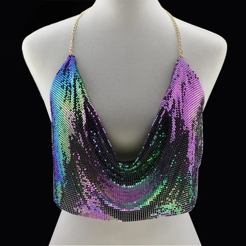 PinkStore Parlak Gökuşağı Crop & Bluz Kolsuz Kayık Yaka Zırh Büsti̇yer