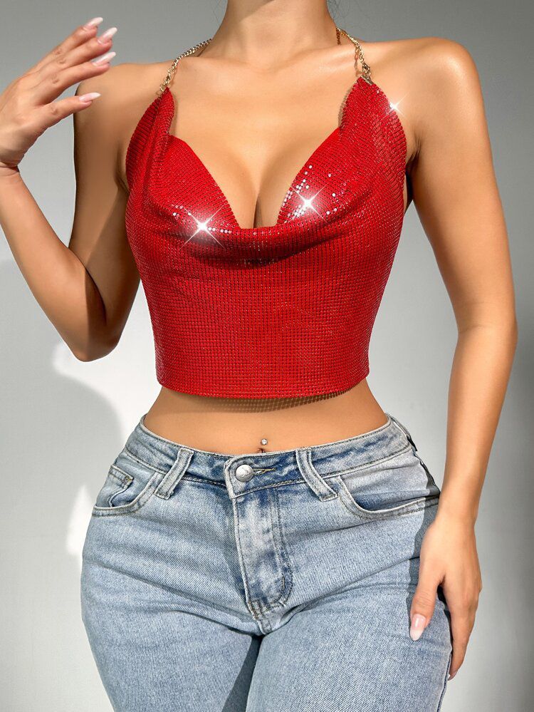 PinkStore Parlak Kırmızı Crop & Bluz Kolsuz Kayık Yaka Zırh Büsti̇yer