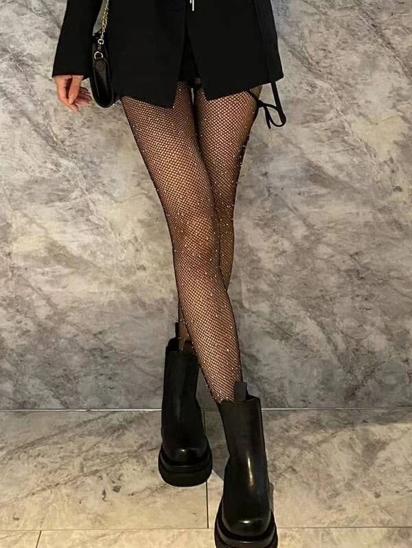 PinkStore Si̇yah Fi̇le Taşlı Çorap