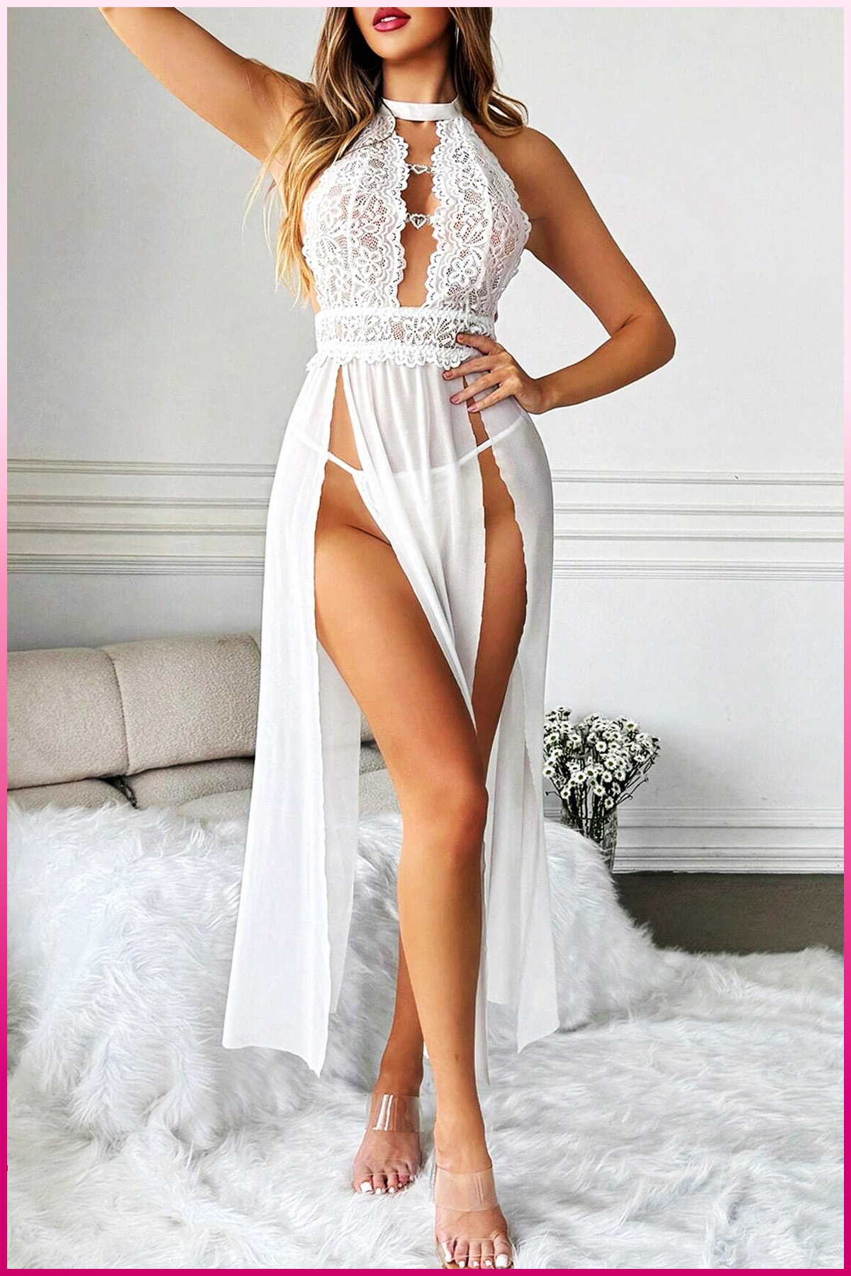 PinkStore Beyaz Kalp Aksesuarlı Tül Etekli̇ Kadın Seksi̇ Geceli̇k