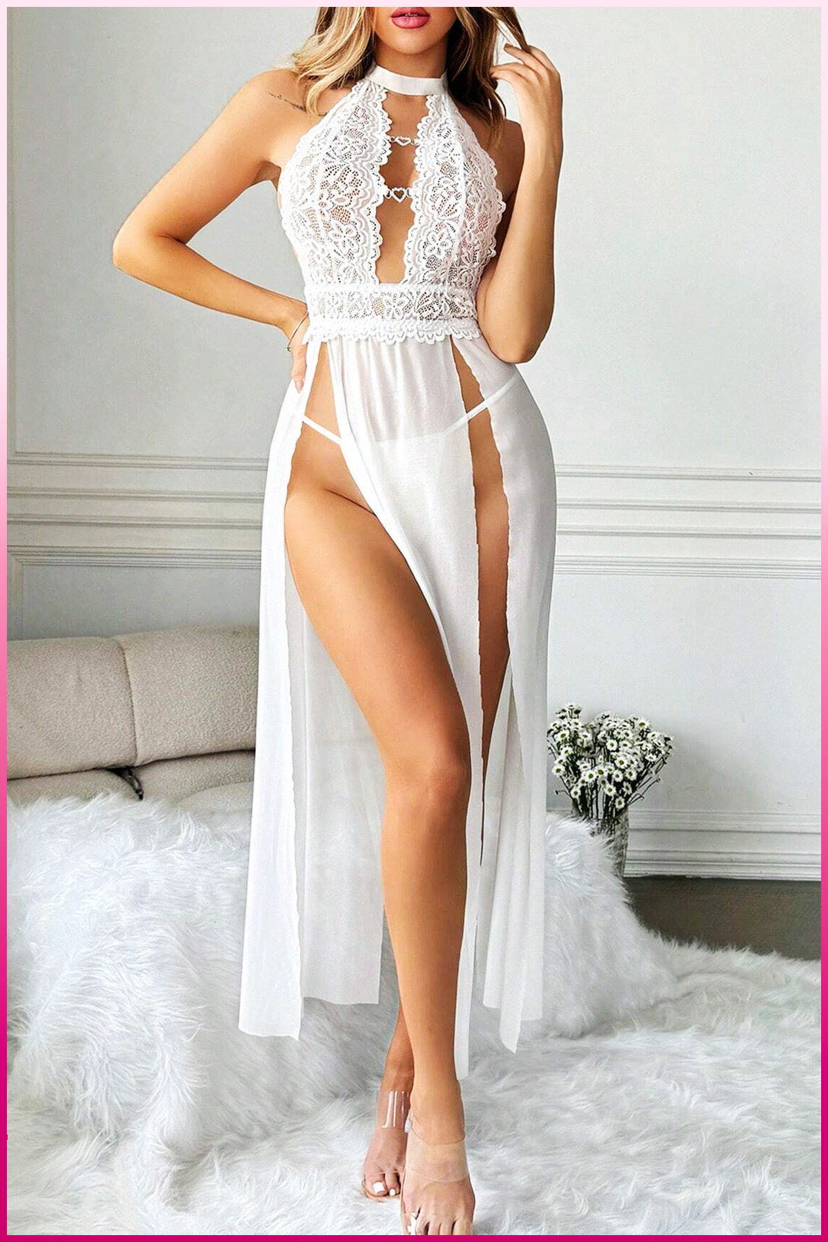 PinkStore Beyaz Kalp Aksesuarlı Tül Etekli̇ Kadın Seksi̇ Geceli̇k