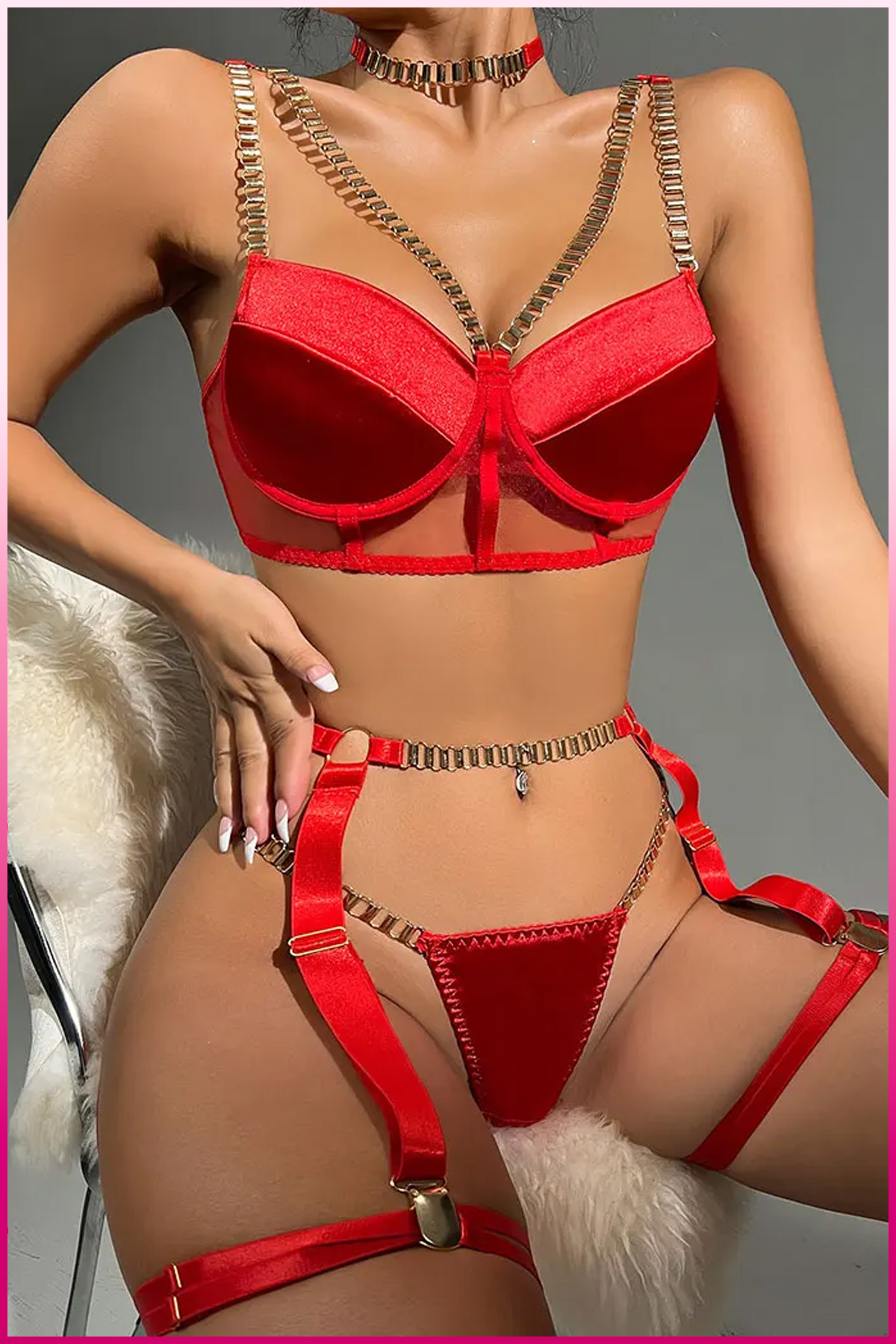 PinkStore Kırmızı Merdi̇ven Zi̇nci̇rli̇ Göğüs Balenli̇ Kadın Seksi̇ Jarti̇yer Takım