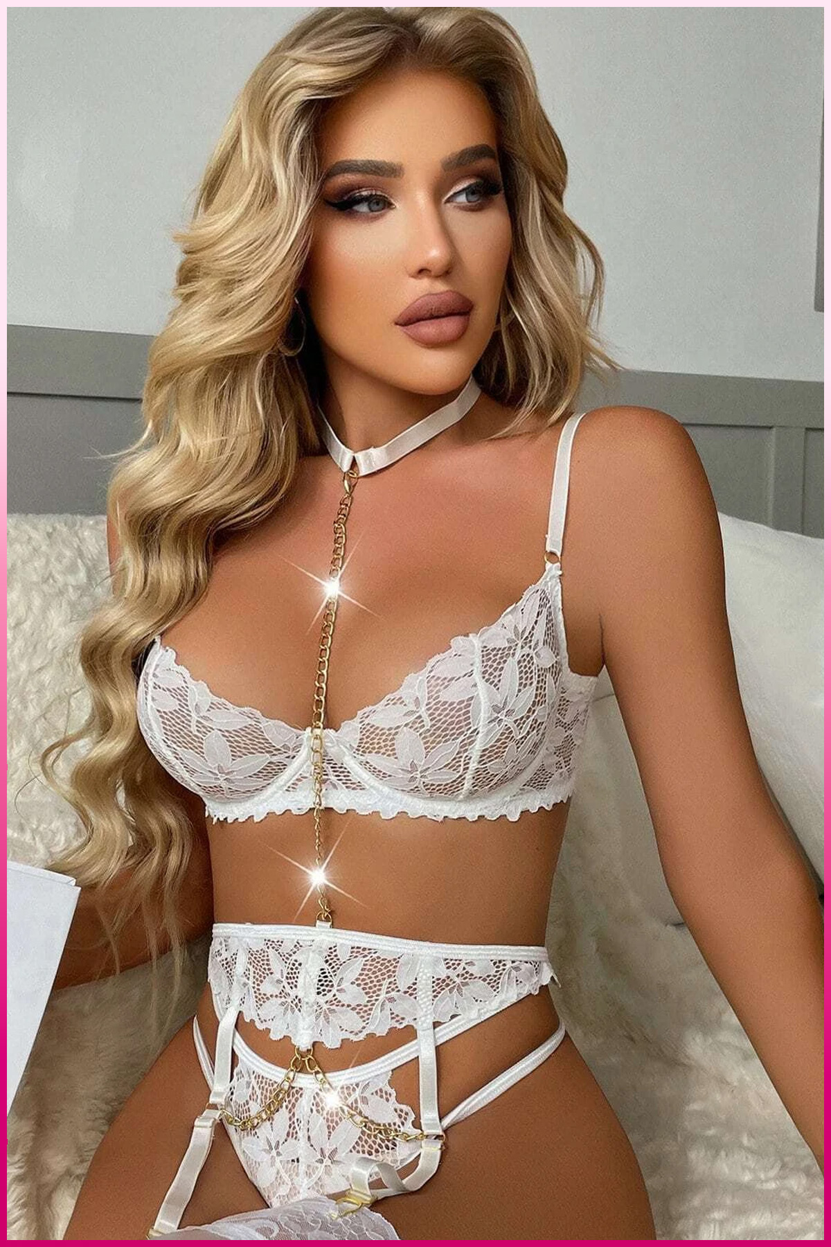 PinkStore Ekru Göğüs Balenli̇ Dantelli̇ Zi̇nci̇r Detaylı Seksi̇ Jarti̇yer Takım