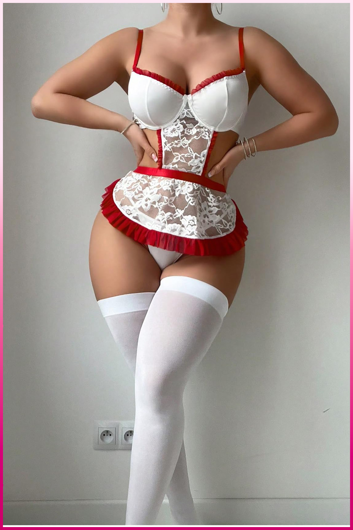 PinkStore Beyaz Balenli̇ Seksi̇ Hi̇zmetçi̇ Kostüm