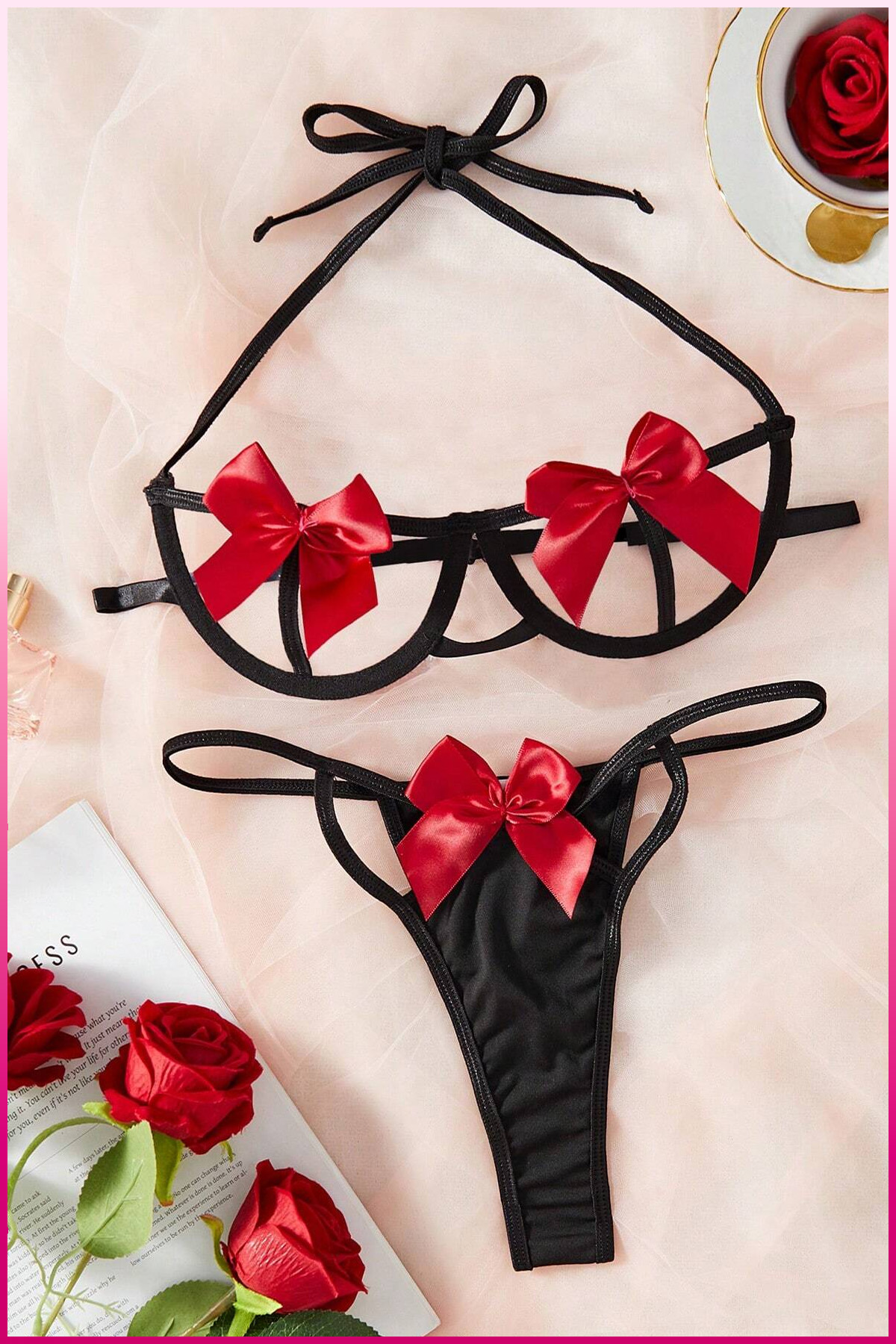 PinkStore Si̇yah-Kırmızı Göğüs Fi̇yonklu Balenli̇ Sütyen Külot Takım