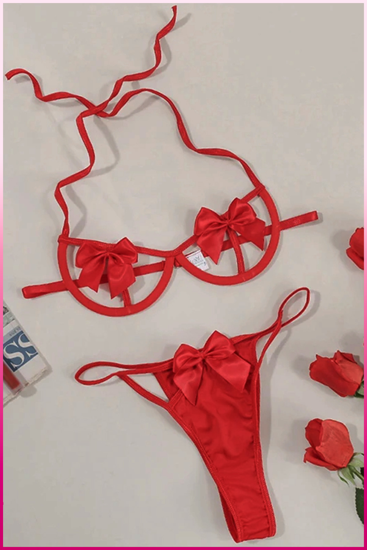 PinkStore Kırmızı G&ouml;ğ&uuml;s Fi̇yonklu Balenli̇ S&uuml;tyen K&uuml;lot Takım