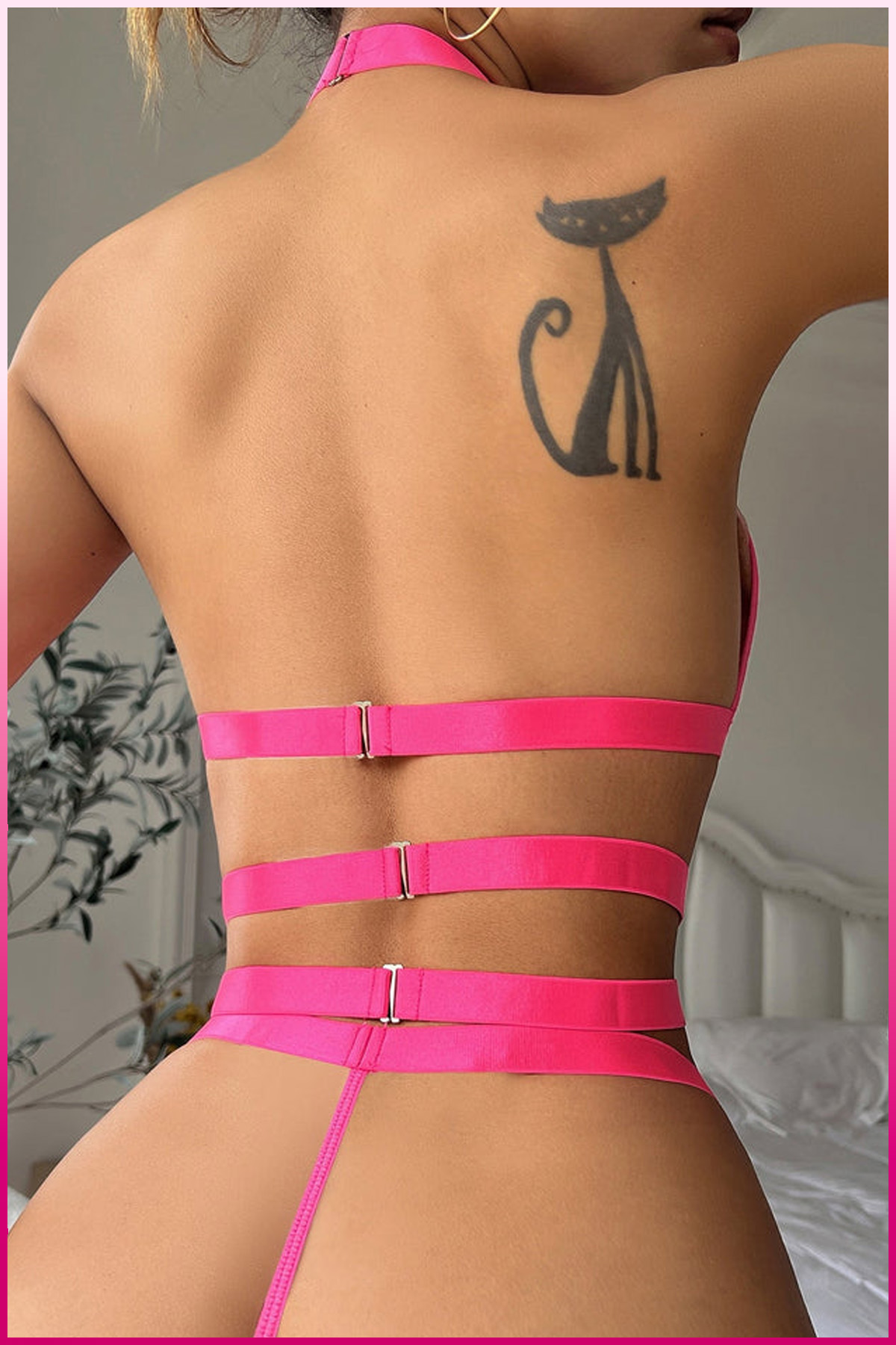 PinkStore Fuşya Dantel Kalp Detaylı Zi̇nci̇rli̇ Seksi̇ İç Gi̇yi̇m Seti̇