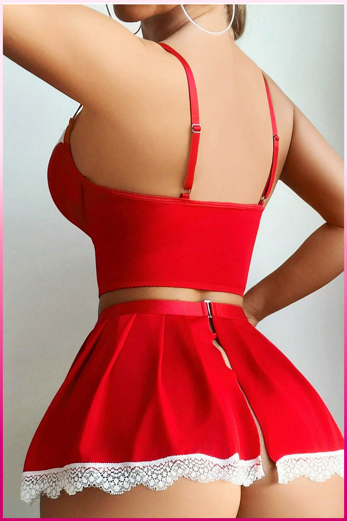 PinkStore Kırmızı Fırfır Detaylı &Ouml;zel Tasarım İ&ccedil; Gi̇yi̇m Seti̇