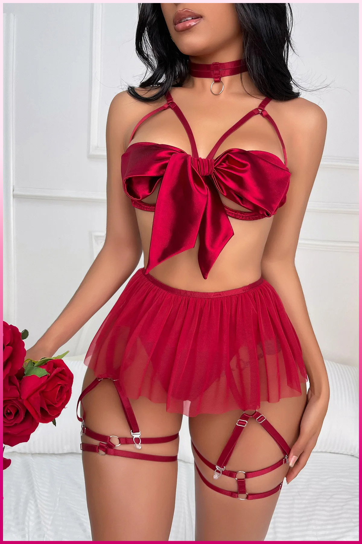 PinkStore Kırmızı Saten Fi̇yonk Detaylı &Ouml;zel Tasarım İ&ccedil; Gi̇yi̇m Seti̇