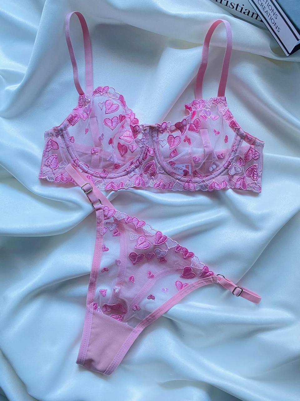 PinkStore Kadın  Kalpli̇ Pembe Dantelli̇ Balenli̇  Sütyen Külot Takım