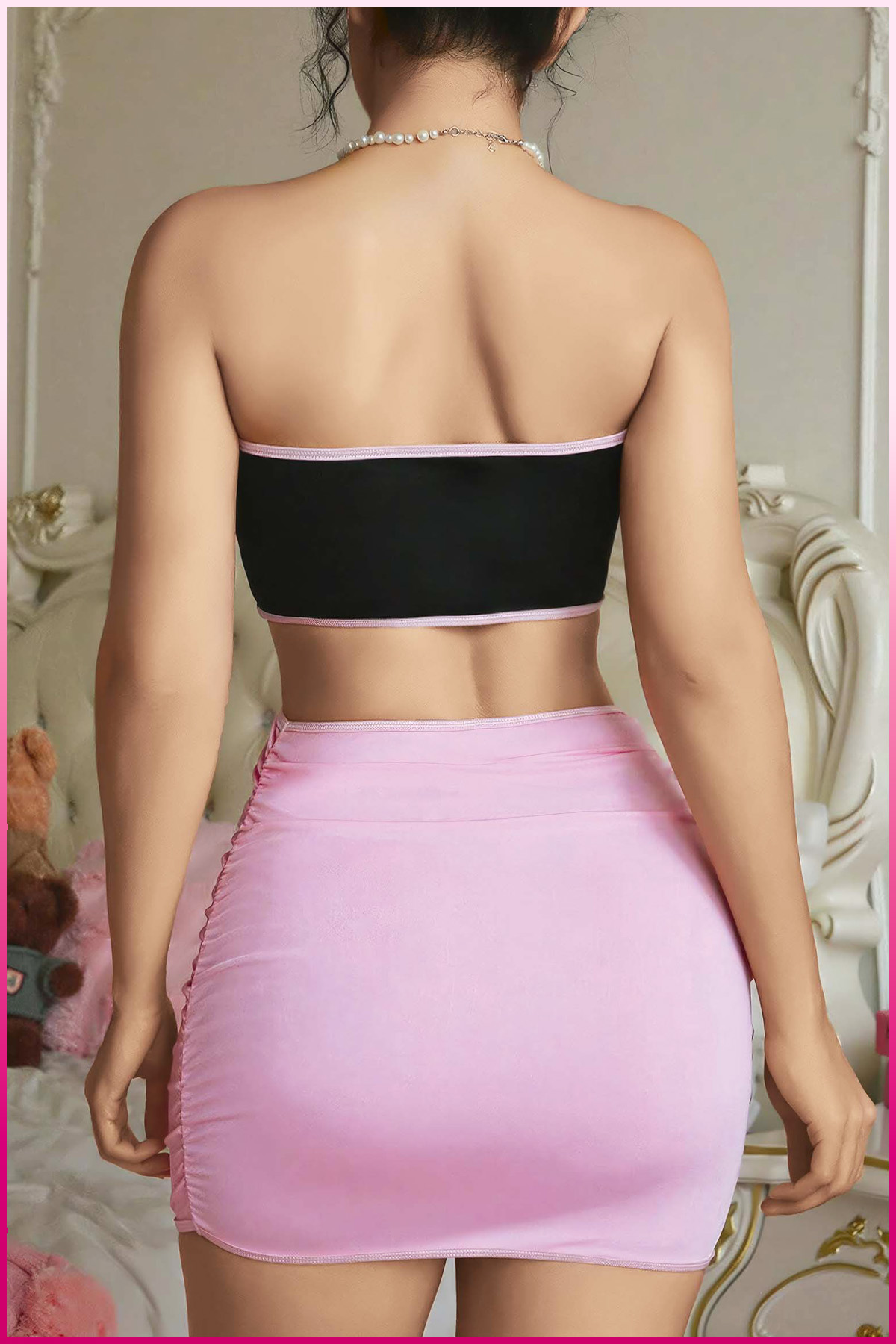 PinkStore Kadın Pembe Fi̇yonklu Etekli̇ Seksi̇ Kost&uuml;m