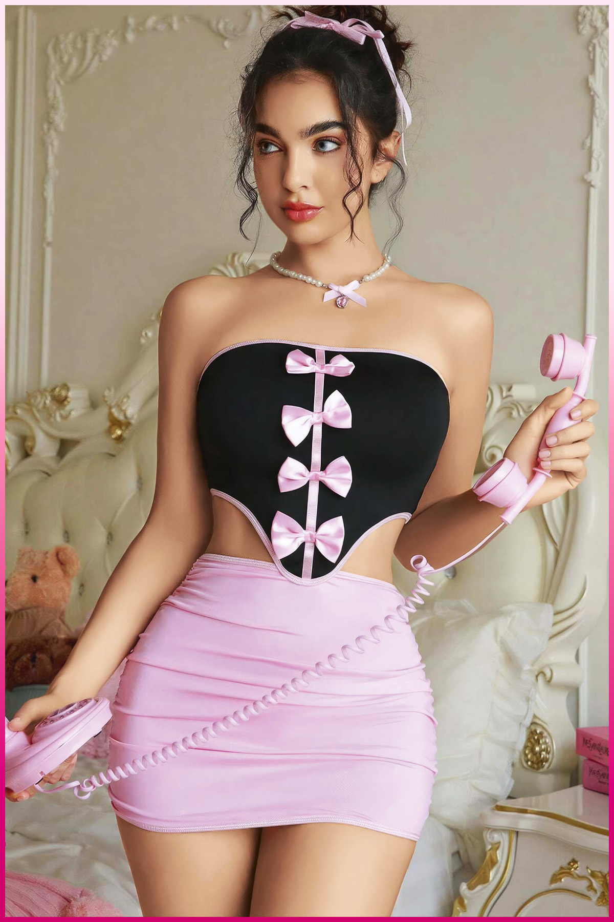 PinkStore Kadın Pembe Fi̇yonklu Etekli̇ Seksi̇ Kost&uuml;m