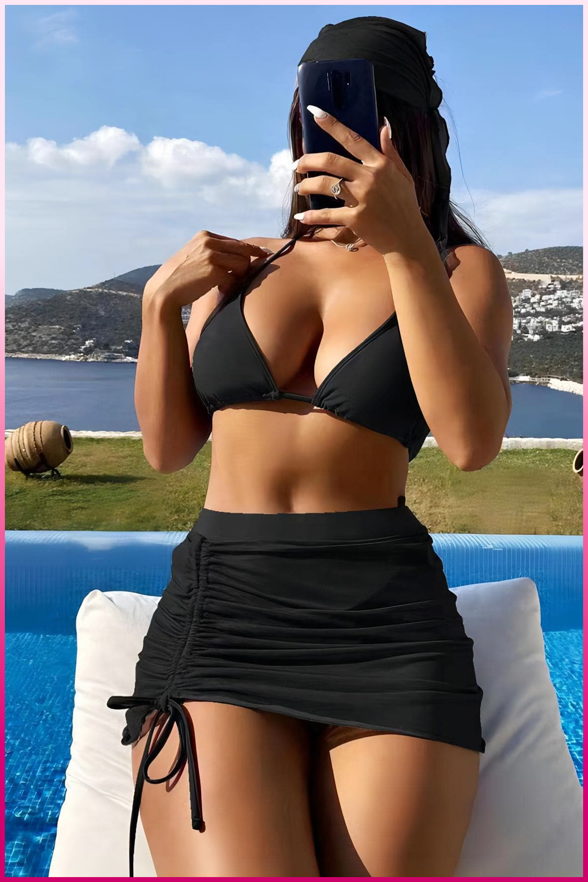 PinkStore Si̇yah Askılı Bi̇ki̇ni̇ Takımı + Ayarlanabi̇li̇r Büzgülü Etek – Tati̇l Sti̇li̇