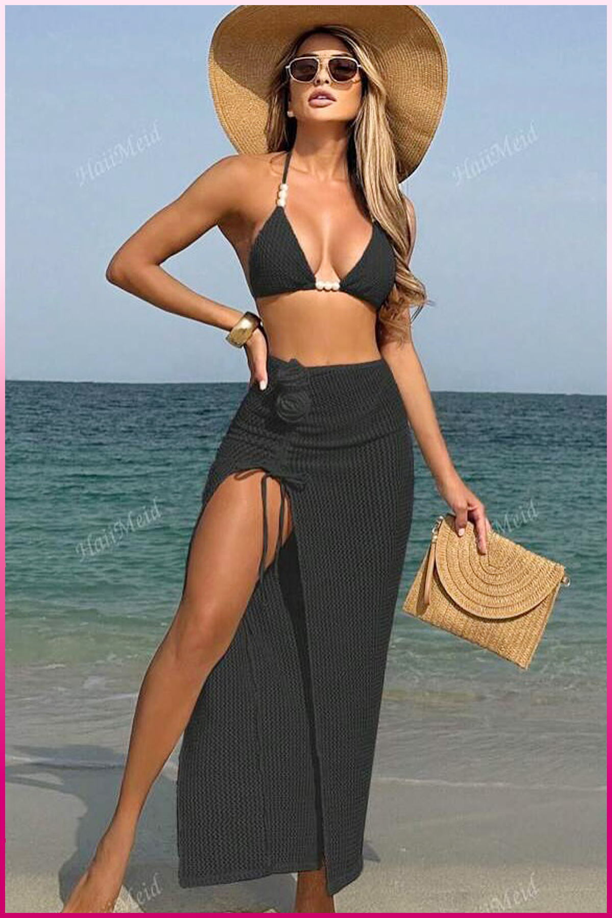 PinkStore Kadın Si̇yah Askılı İnci̇li̇ Mayo Takımı