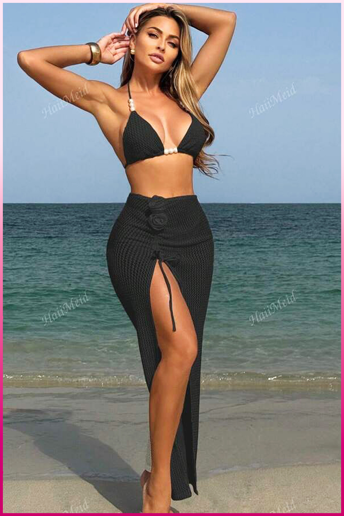 PinkStore Kadın Si̇yah Askılı İnci̇li̇ Mayo Takımı