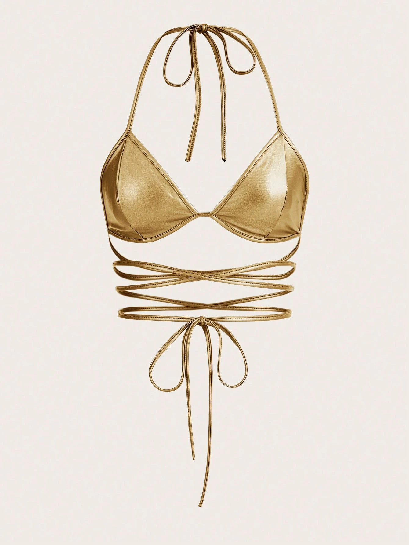 PinkStore Altın Sarısı Deri̇ G&ouml;r&uuml;n&uuml;ml&uuml; &Ccedil;apraz İpli̇ Bi̇ki̇ni̇ &Uuml;st&uuml; &ndash; Bağlamalı, Seksi̇ Ve Parlak