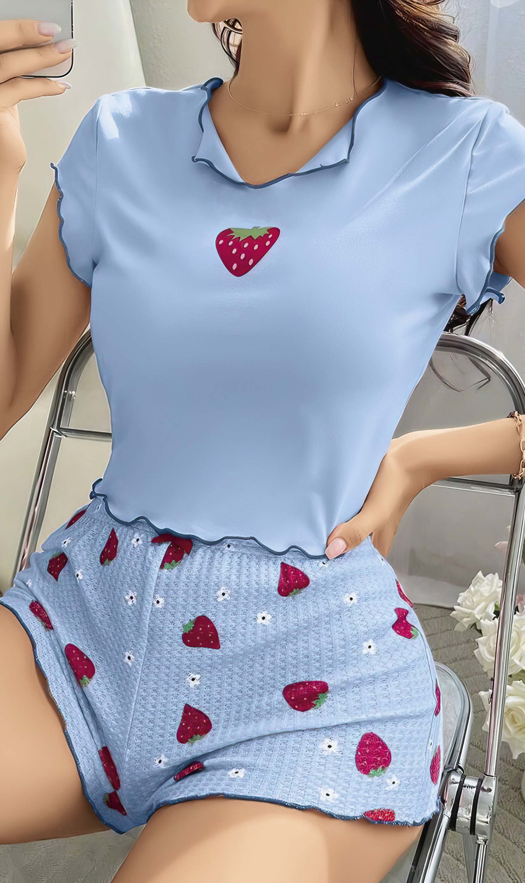 PinkStore Mavi̇ Önü Çi̇lek Detaylı Şortlu Geceli̇k Takımı