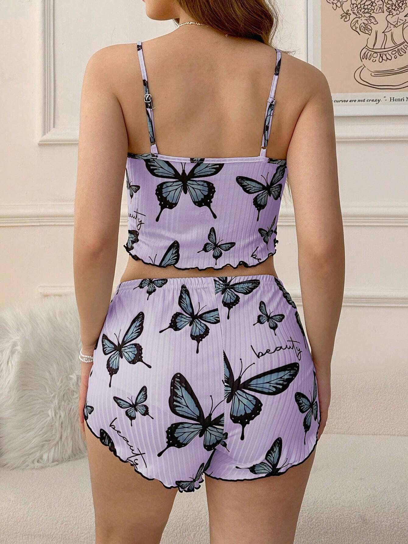 PinkStore Mor Renk Kelebek Desenli̇ Şortlu Ev Gi̇yi̇m Takımı,Kadın Yazlık Askılı Pi̇jama, Rahat Ve ...