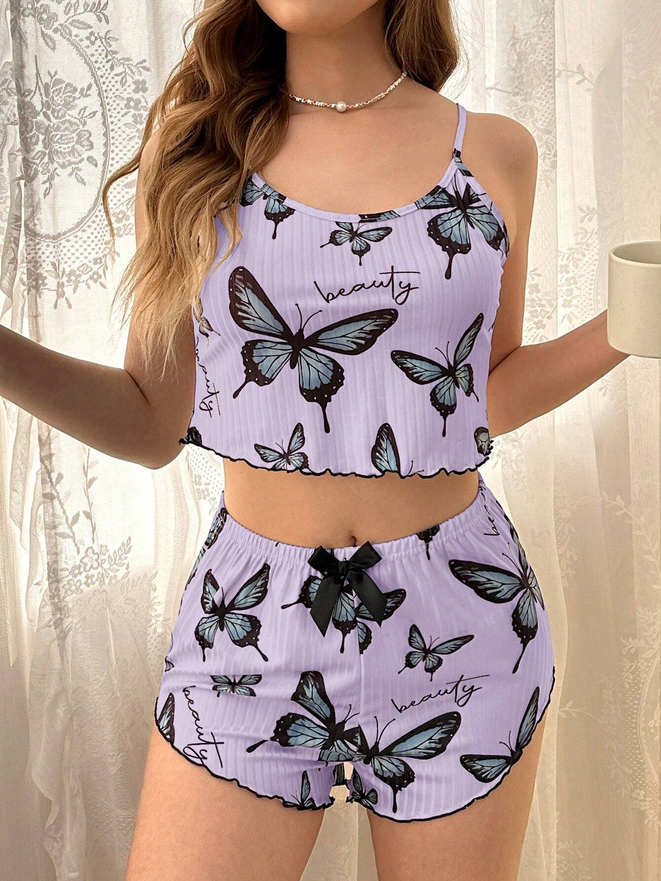 PinkStore Mor Renk Kelebek Desenli̇ Şortlu Ev Gi̇yi̇m Takımı,Kadın Yazlık Askılı Pi̇jama, Rahat Ve ...