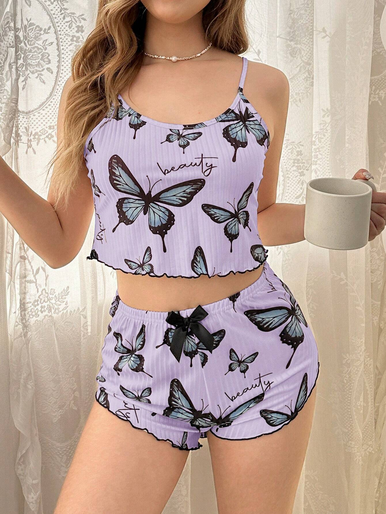 PinkStore Mor Renk Kelebek Desenli̇ Şortlu Ev Gi̇yi̇m Takımı,Kadın Yazlık Askılı Pi̇jama, Rahat Ve ...