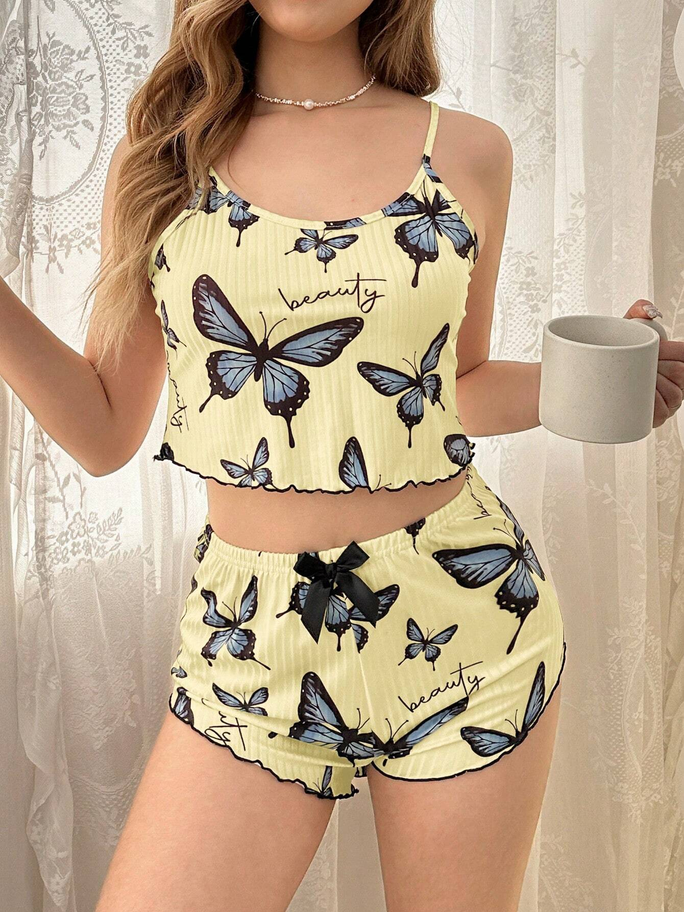 PinkStore Kadın Sarı Kelebek Desenli̇ Askılı Şortlu Ri̇bana Pi̇jama Takımı,Rahat Ve Şık Ev ...